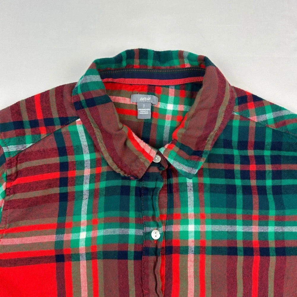 Aerie Womens Red Green Plaid Flannel Button Down Shirt Size S Cotton Blend